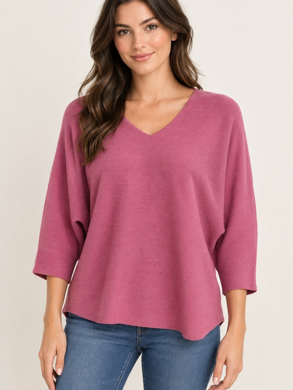 VILA Milano V-Neck Rib Knit Sweater SZ S Rose Mauve Dolman Sleeves Relaxed Fit